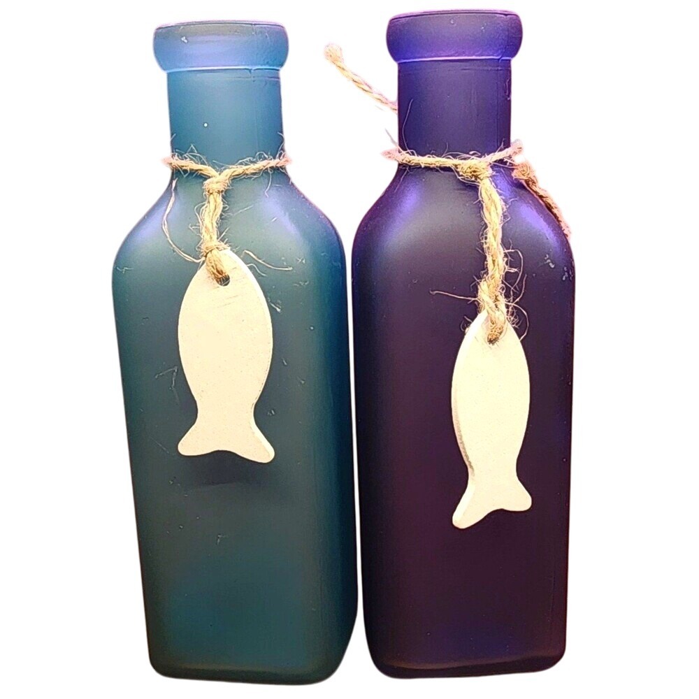Set of Blue decorative Glass‎ bottles with fish ocean decor